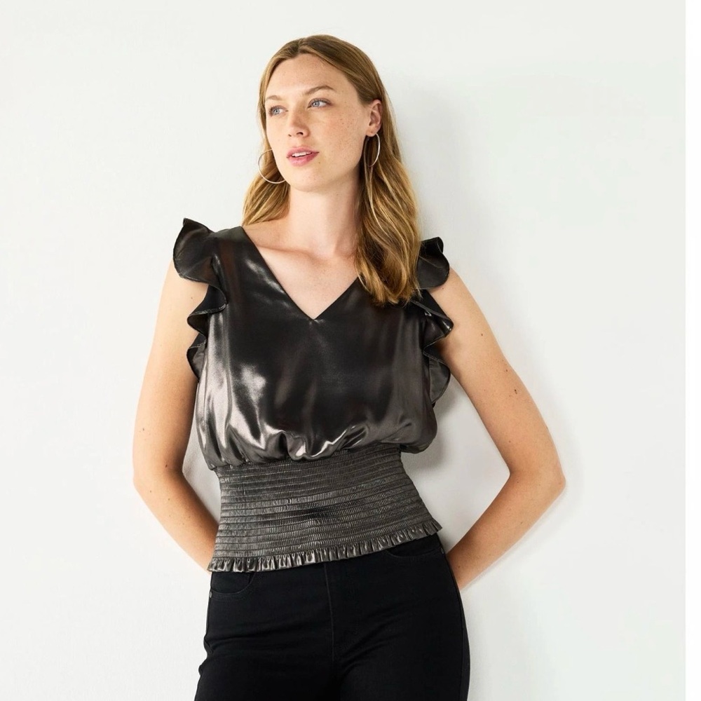 Nine West Metallic Ruffle Sleeveless Smocked Hem Top, sz XL